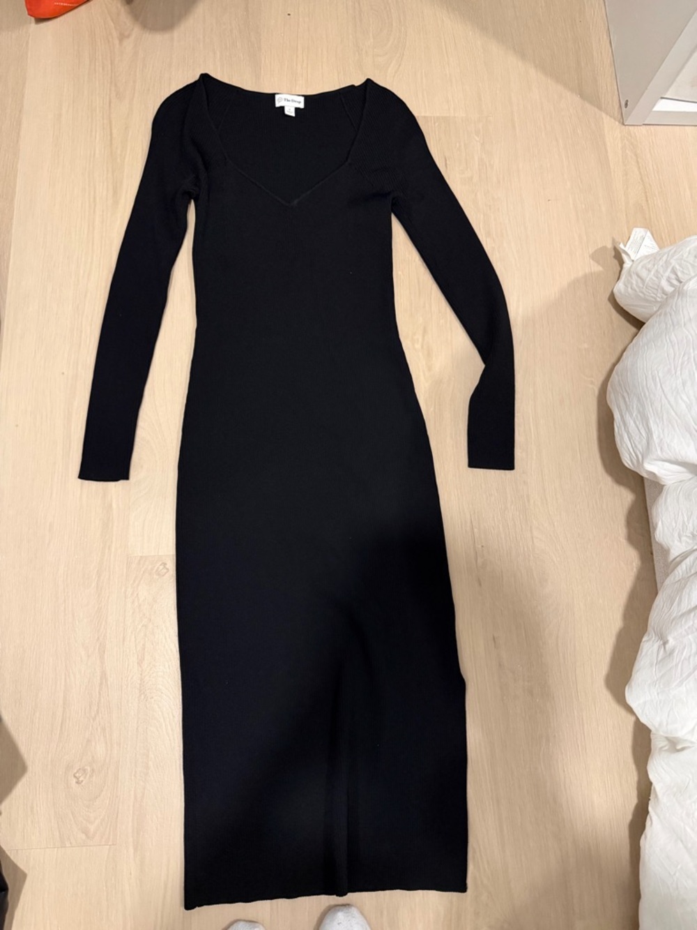 Amazon the drop Black Long Sleeve V-Neck Ribbed Knit Dress